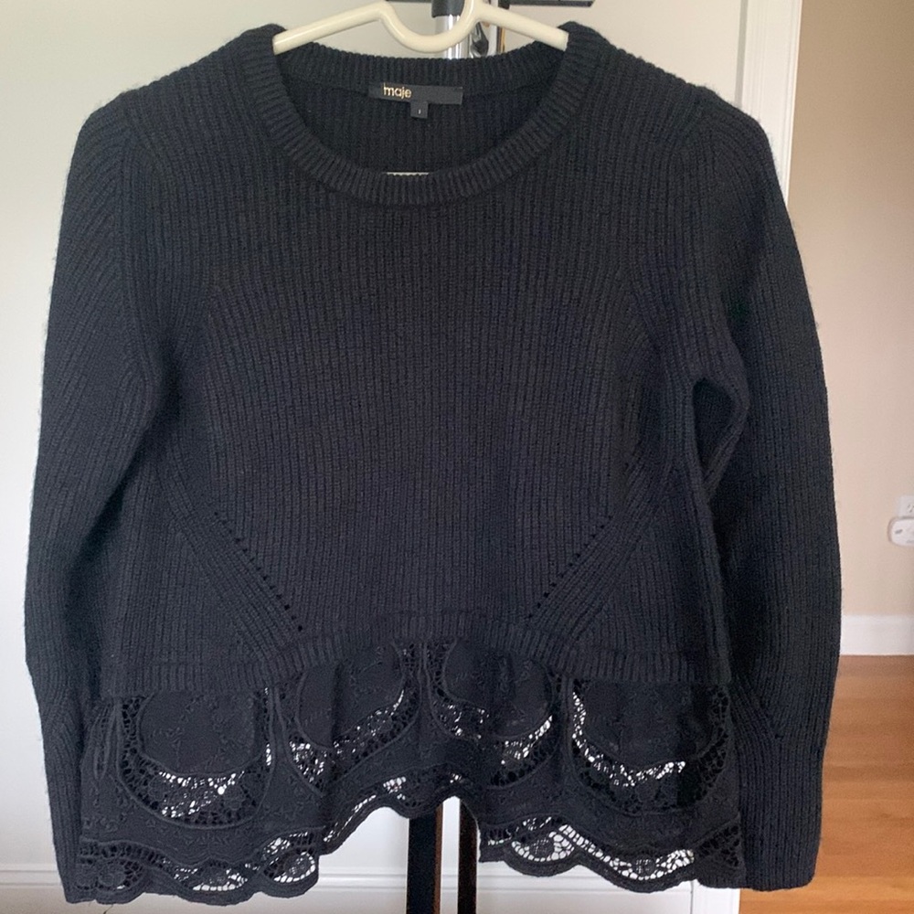 Maje black wool sweater with a broderie anglaise bottom